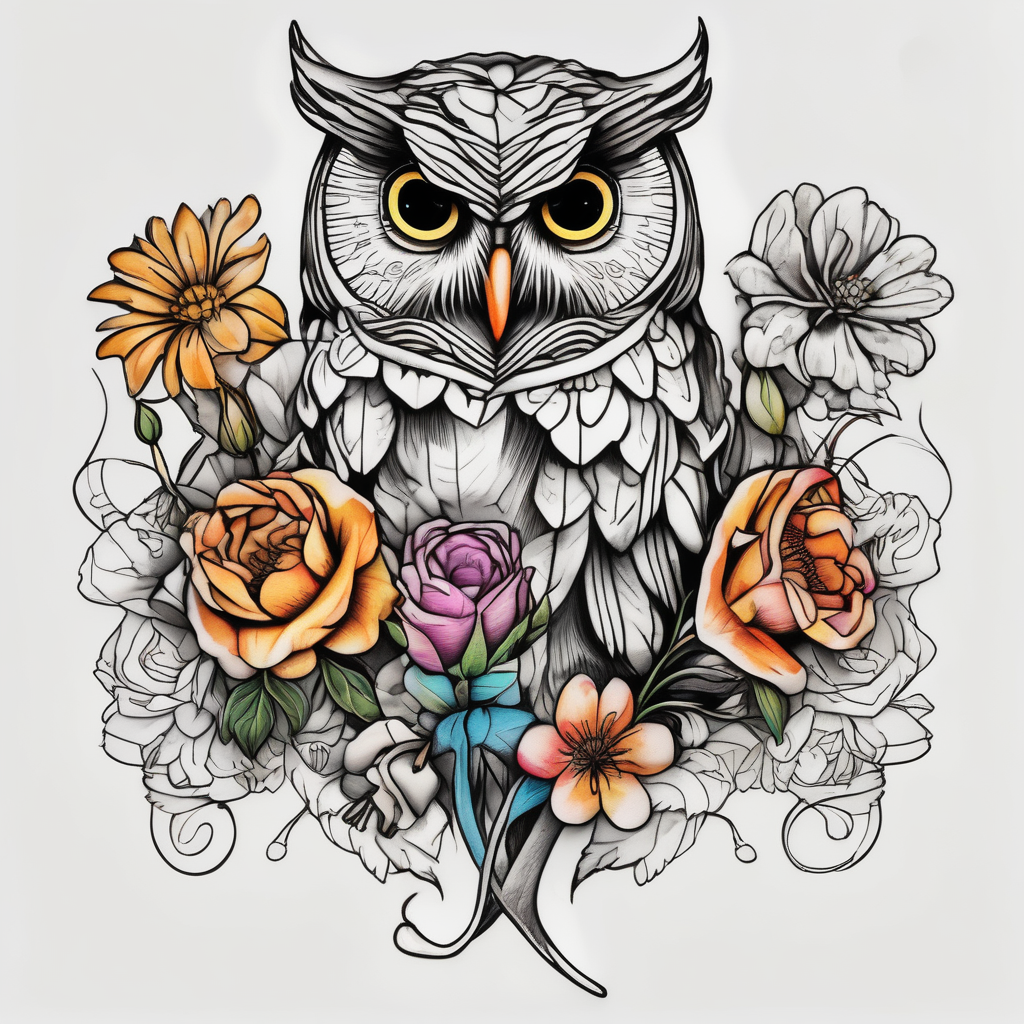I want a flower bouquet on my upper arm with the April and September birth flower in it. I also want to incorporate flower drawings of my 3 kids. Maybe incorporate an owl(AIが生成したリアリズムスタイルのタトゥーデザイン)