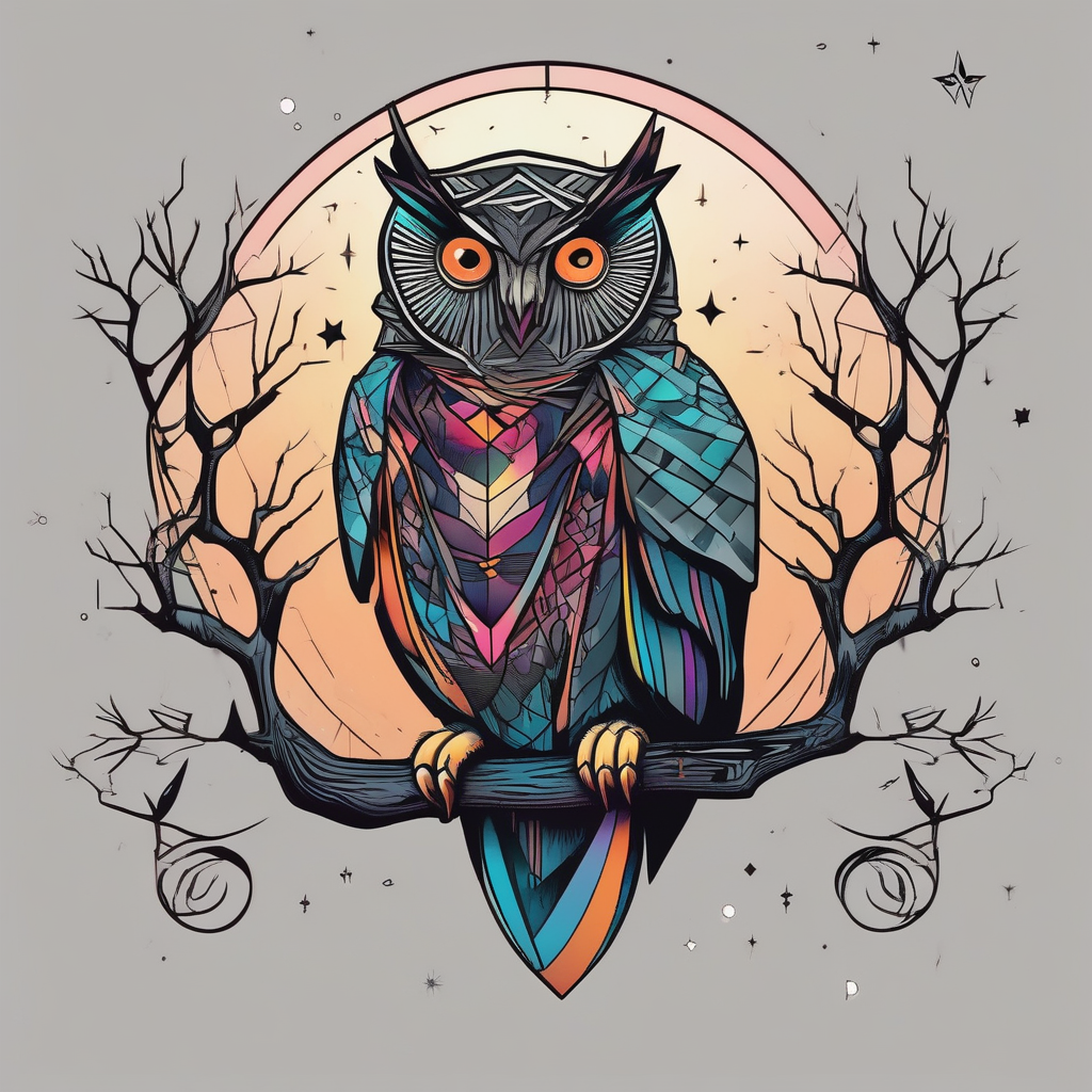 wise owl perched on ancient oak branch under starlit sky(AIが生成したジオメトリックスタイルのタトゥーデザイン)