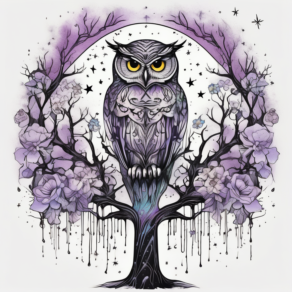 Winter sky, flowers, owls, stars, violets, primroses, ash tree,, AI-generated Watercolor tattoo design