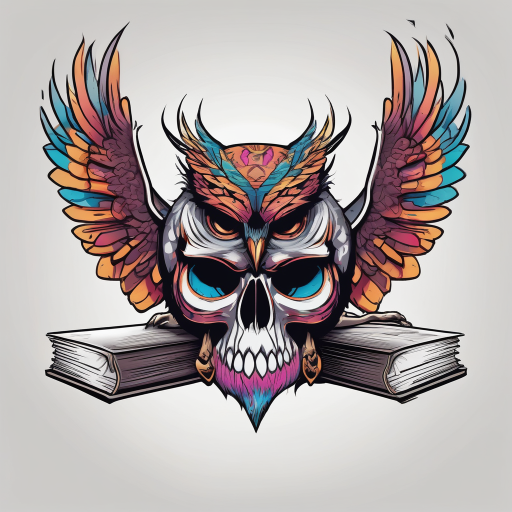 agressive owl on top of human skull, open wings, skull stands on books owl on the skull(AIが生成したカートゥーンスタイルのタトゥーデザイン)