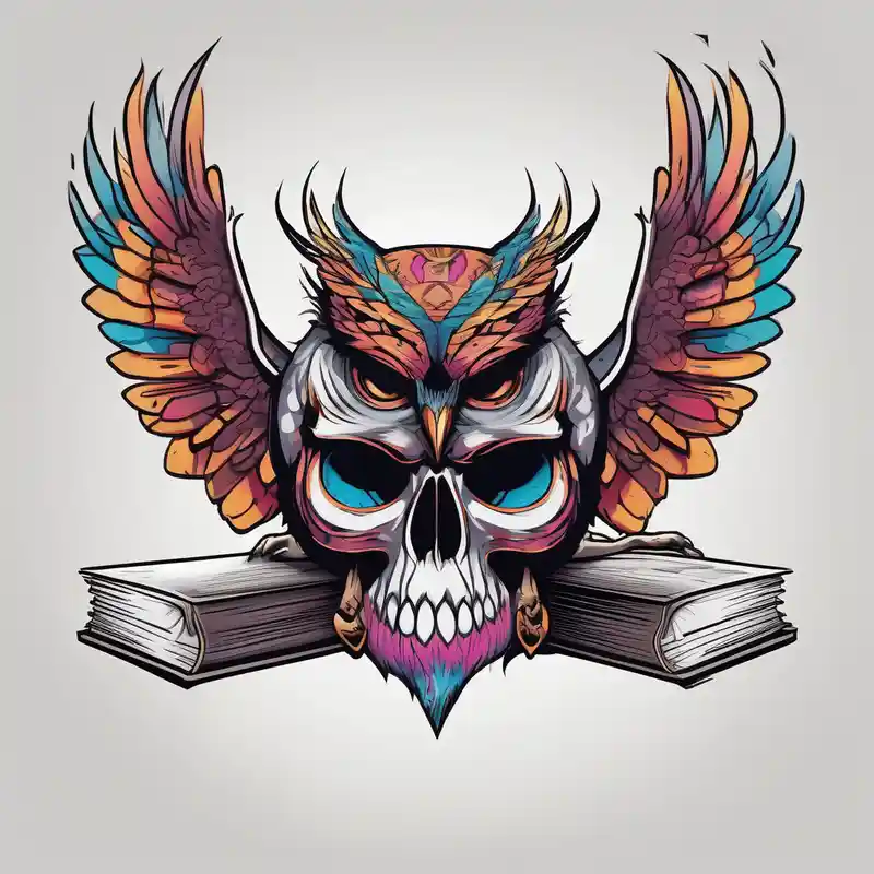 agressive owl on top of human skull, open wings, skull stands on books owl on the skull – Cartoon, Couleurs vives