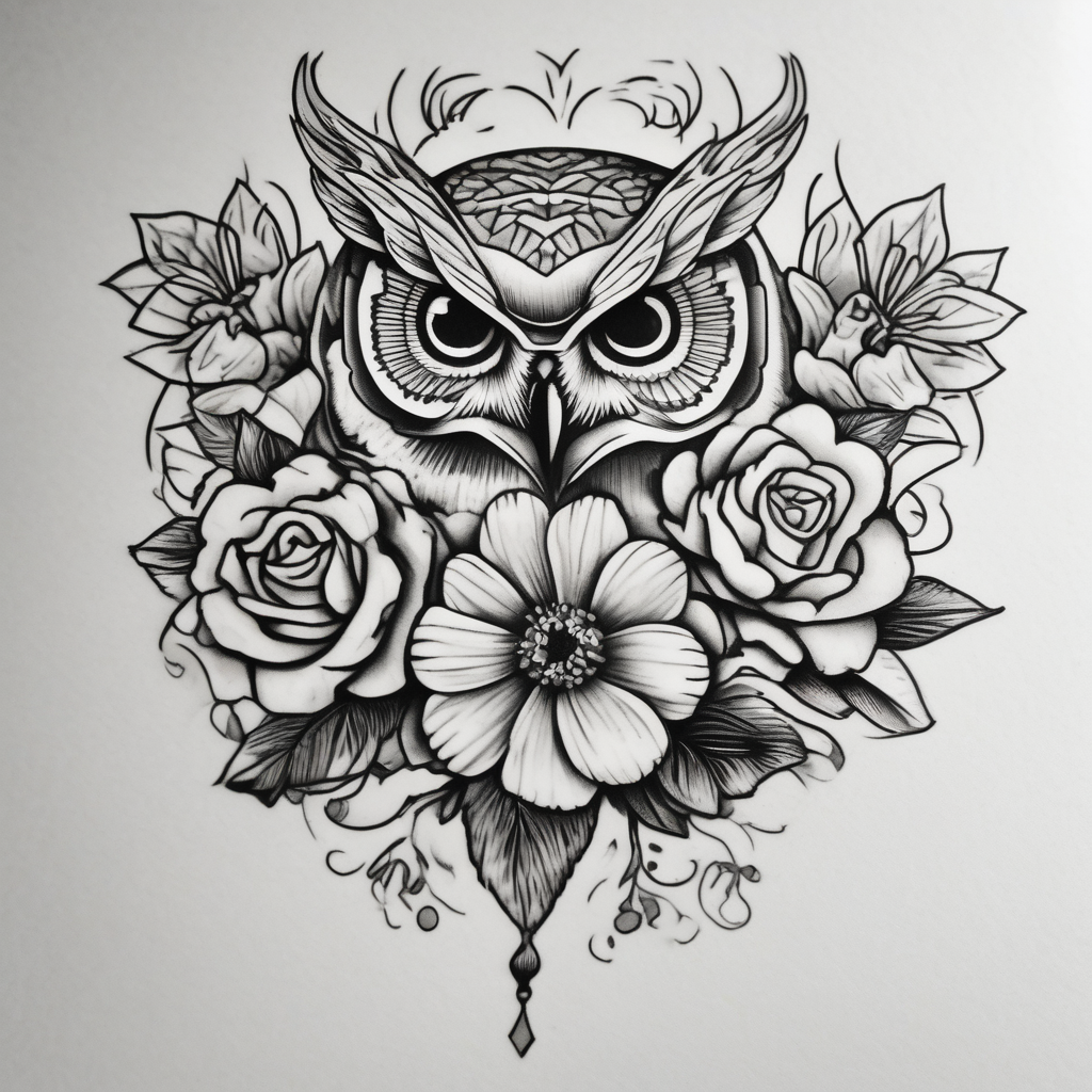 I want a flower bouquet on my upper arm with the April and September birth flower in it. I also want to incorporate flower drawings of my 3 kids. Maybe incorporate an owl(AIが生成したドットワークスタイルのタトゥーデザイン)