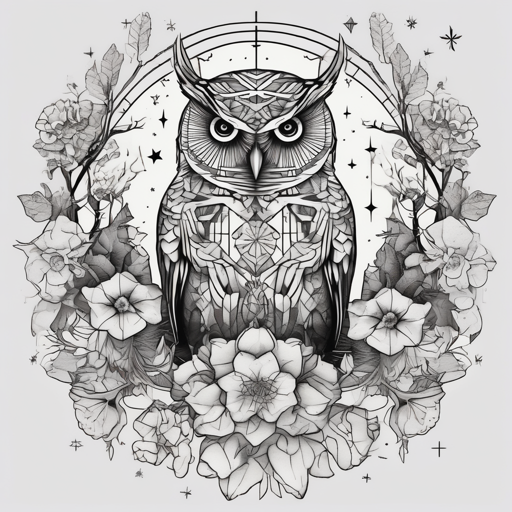 Winter sky, flowers, owls, stars, violets, primroses, ash tree,, diseño de tatuaje Geométrico generado con IA