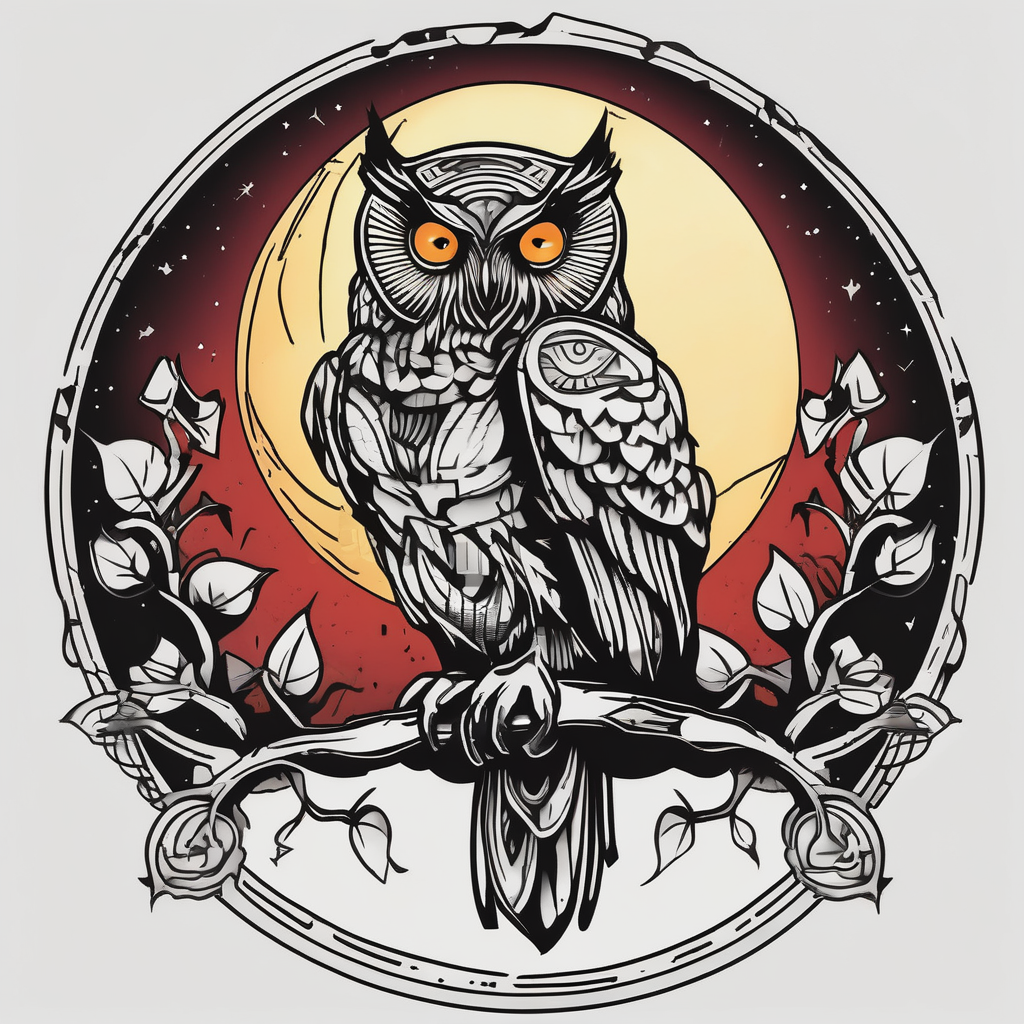 An owl perched beneath a glowing moon(AIが生成したオールドスクールスタイルのタトゥーデザイン)