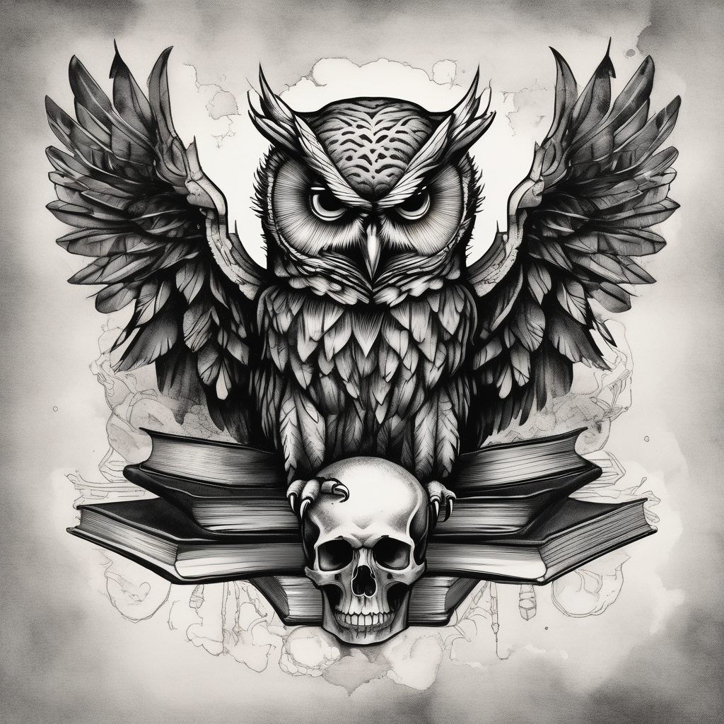 agressive owl on top of human skull, open wings, skull stands on books owl on the skull, design de tatouage Aquarelle généré par IA