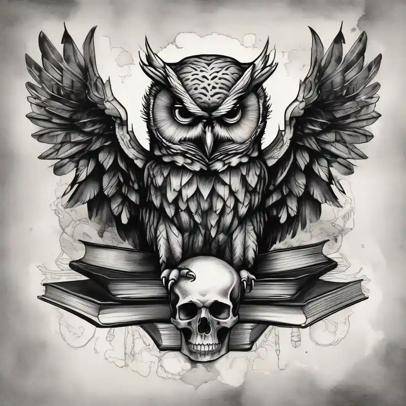 agressive owl on top of human skull, open wings, skull stands on books owl on the skull