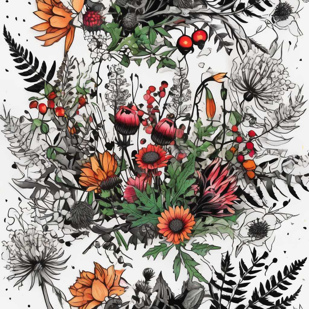 wildflowers with thistles, ferns, white flowers, cream flowers, sun flowers, orange flowers, green flowers, pink flowers, red flowers, berries and all in watercolor painless-numbing-cream, diseño de tatuaje Old school generado con IA