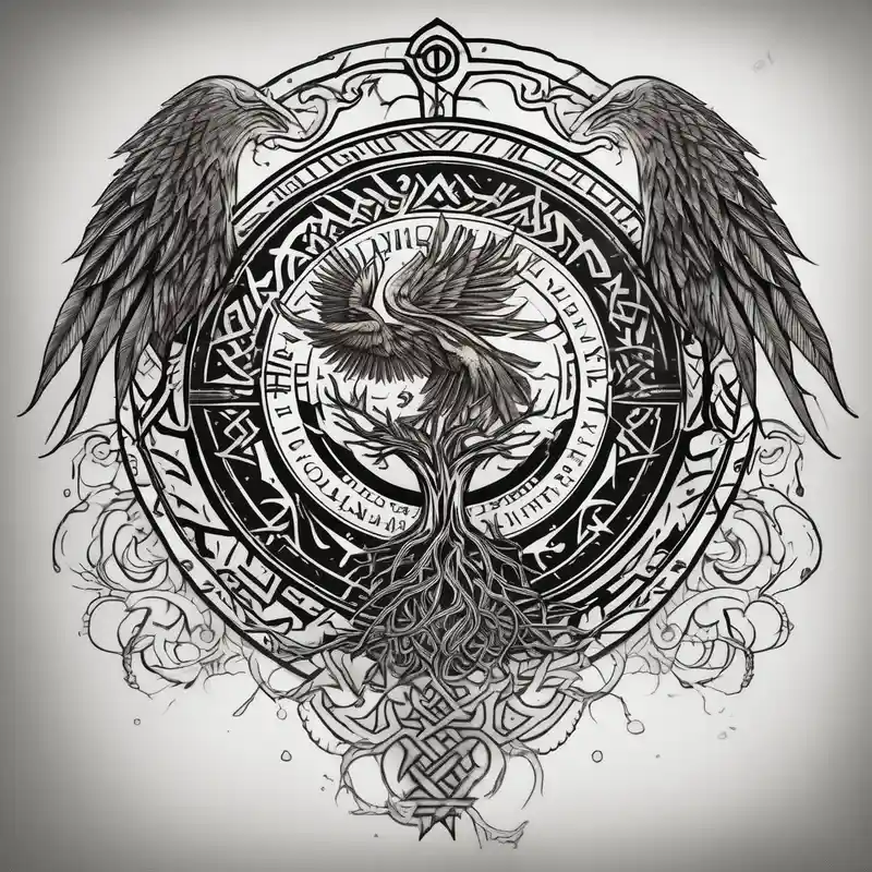 Viking style tattoo throughout. Viking Vegvisir with phoenix wings around it, Viking Valknut, tree of life with roots