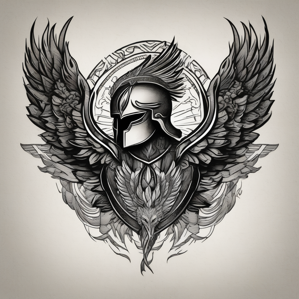 A Spartan Helmet with a phoenix encompassing it. The head of the phoenix would be above it and the wings would go around it and the tail would be below it phoenix-meaning, AI-generated Blackwork tattoo design