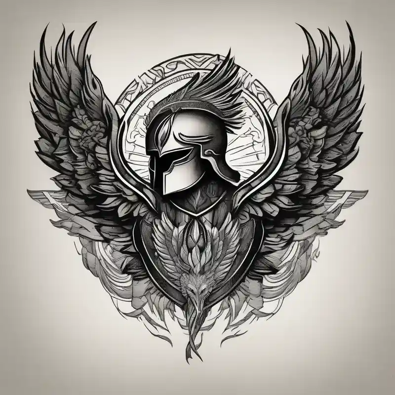 A Spartan Helmet with a phoenix encompassing it. The head of the phoenix would be above it and the wings would go around it – Blackwork, Black and white