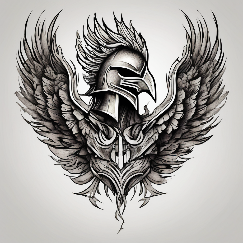 A Spartan Helmet with a phoenix encompassing it. The head of the phoenix would be above it and the wings would go around it and the tail would be below it phoenix-meaning, AI-generated Black and White tattoo design