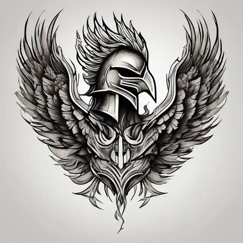 A Spartan Helmet with a phoenix encompassing it. The head of the phoenix would be above it and the wings would go around it