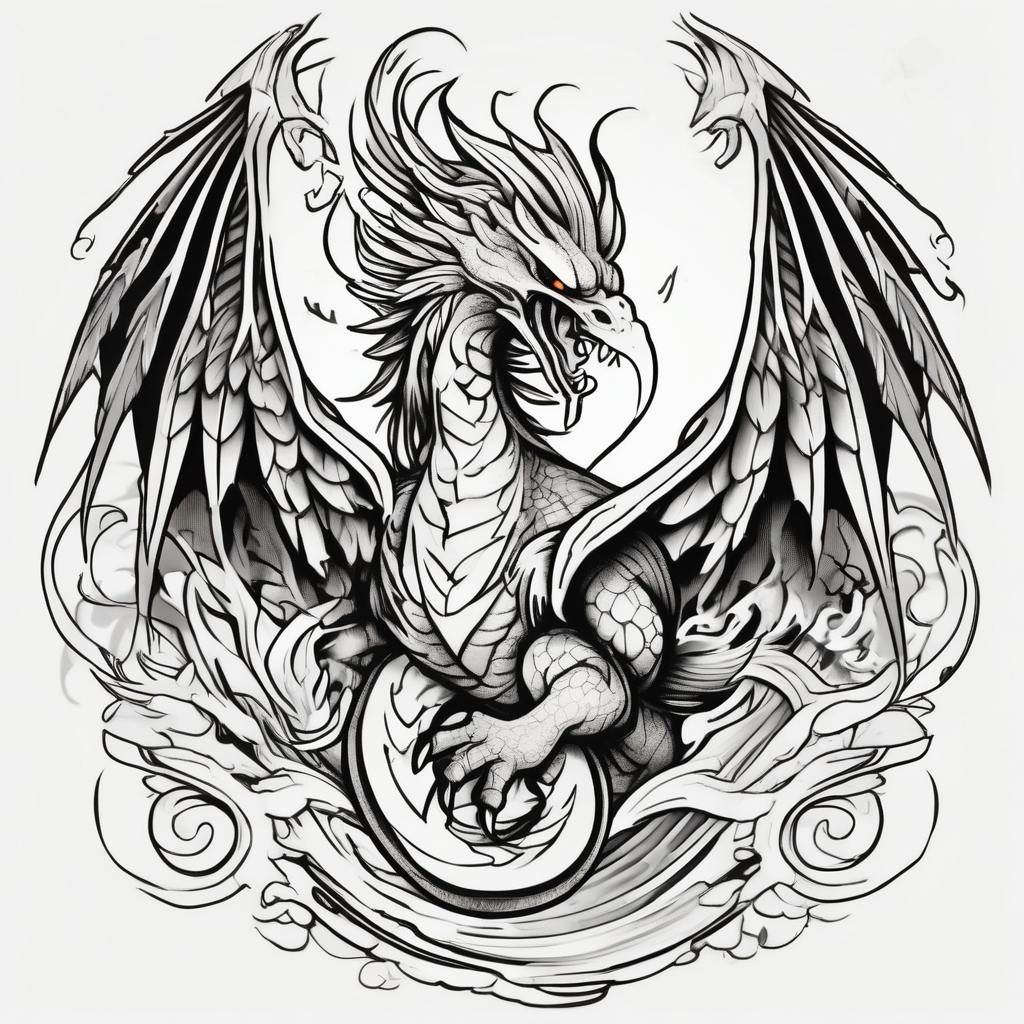 phoenix fighting a dragon phoenix-meaning, AI-generated Cartoon tattoo design