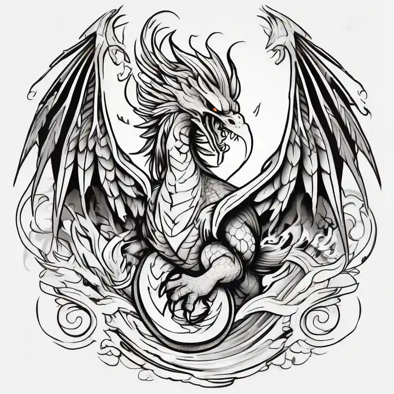 phoenix fighting a dragon – Cartoon, Black and white