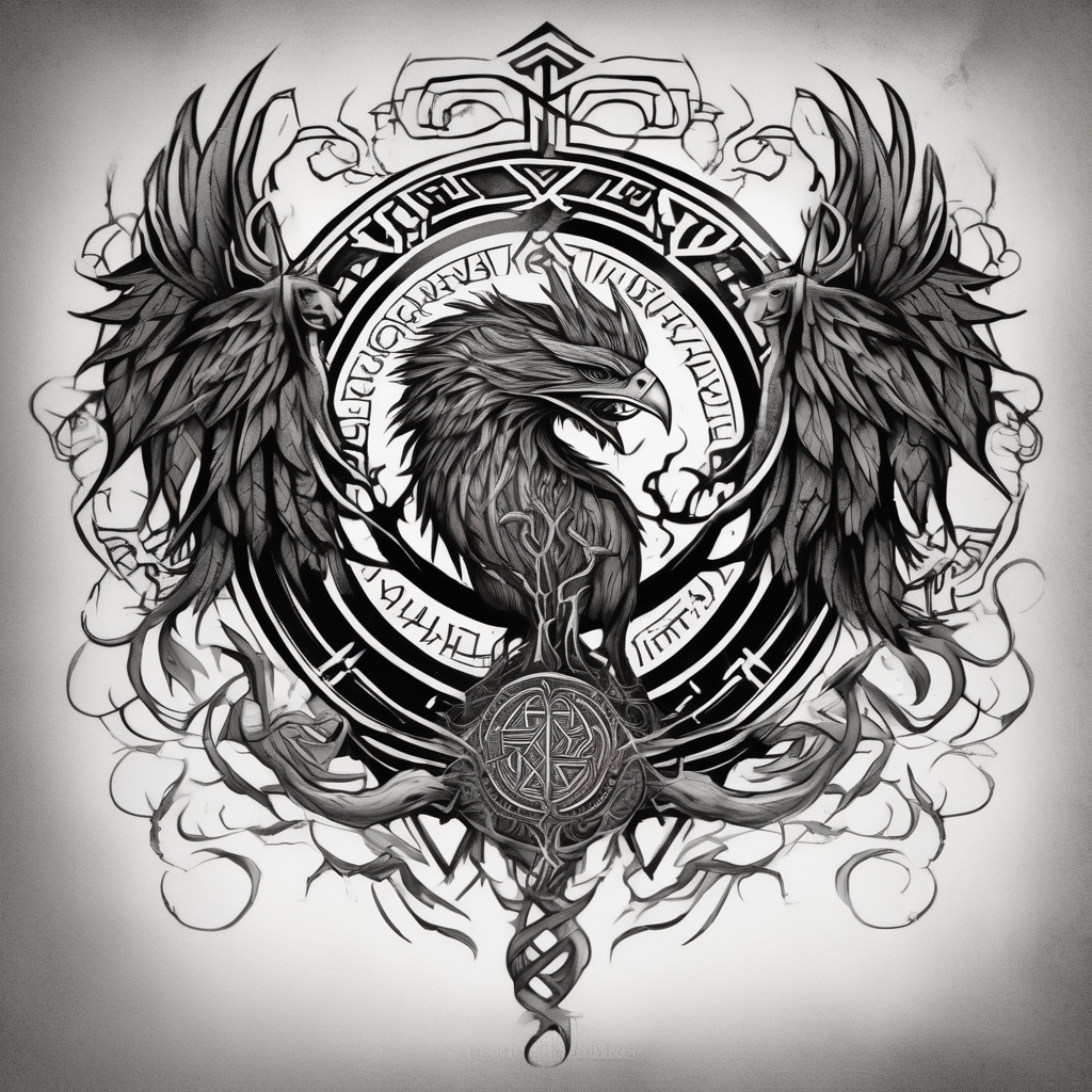 Viking style tattoo throughout. Viking Vegvisir with phoenix wings around it, Viking Valknut, tree of life with roots phoenix-meaning, diseño de tatuaje Blanco y negro generado con IA