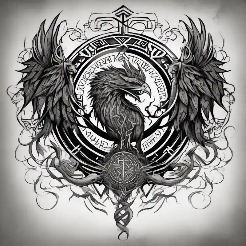 Viking style tattoo throughout. Viking Vegvisir with phoenix wings around it, Viking Valknut, tree of life with roots – Blanco y negro, Blanco y negro