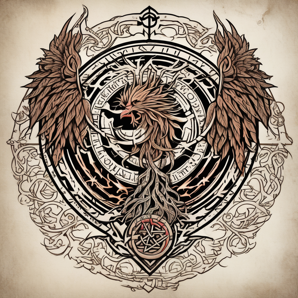 Viking Vegvisir with phoenix wings around it, Viking Valknut, tree of life with roots phoenix-meaning, diseño de tatuaje Old school generado con IA