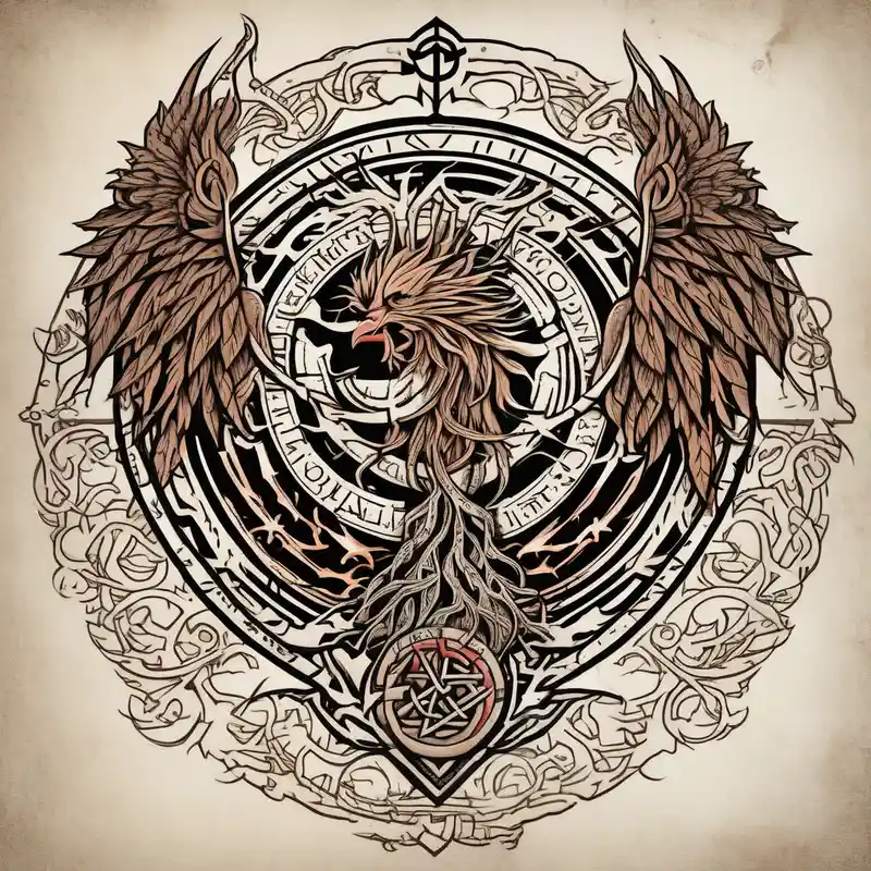 Viking Vegvisir with phoenix wings around it, Viking Valknut, tree of life with roots – Old school, Blanco y negro