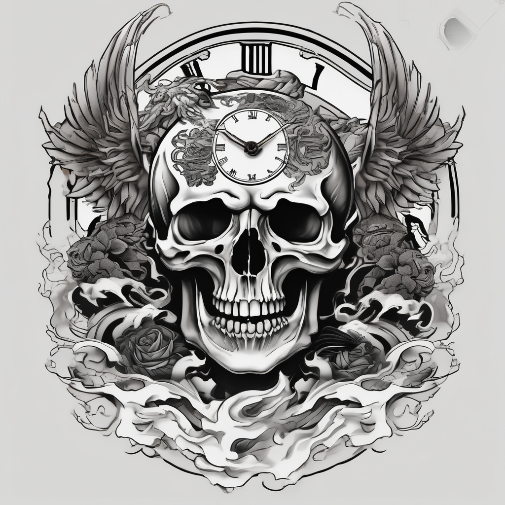 Skull, clock, stairs,phoenix sleeve, diseño de tatuaje Japonés generado con IA