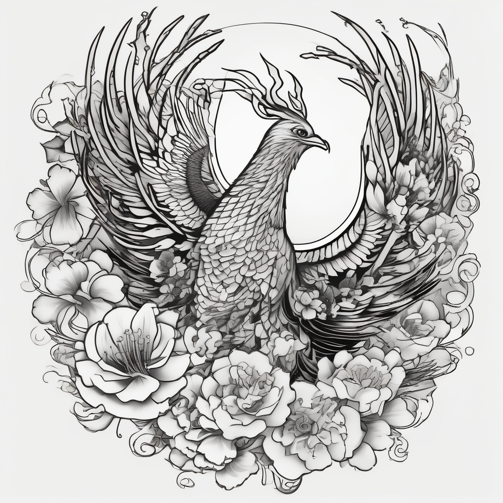 Phoenix with flowers but feminine not too realistic for side boob, diseño de tatuaje Japonés generado con IA