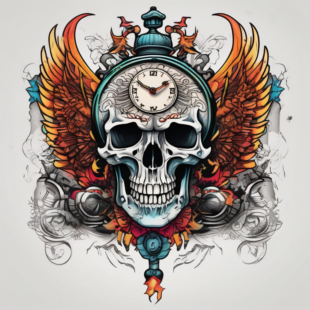 Skull, clock, stairs,phoenix sleeve, AI-generated Blackwork tattoo design