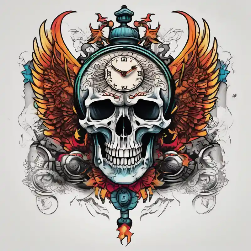 Skull, clock, stairs,phoenix sleeve