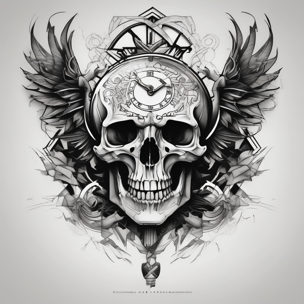 Skull, clock, stairs,phoenix sleeve, AI-generated Geometric tattoo design