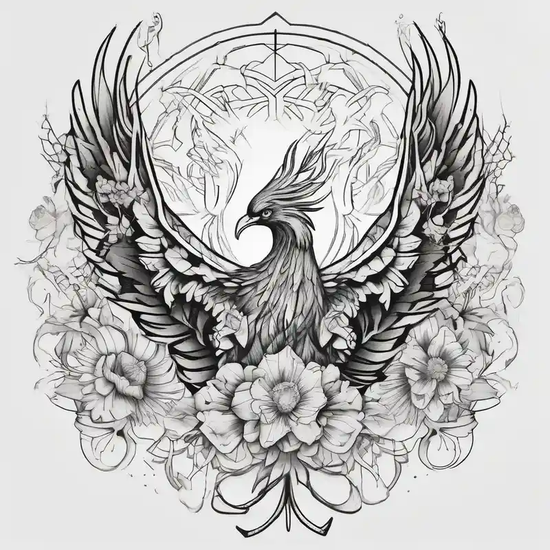 Phoenix with flowers but feminine not too realistic for side boob – Geométrico, Blanco y negro