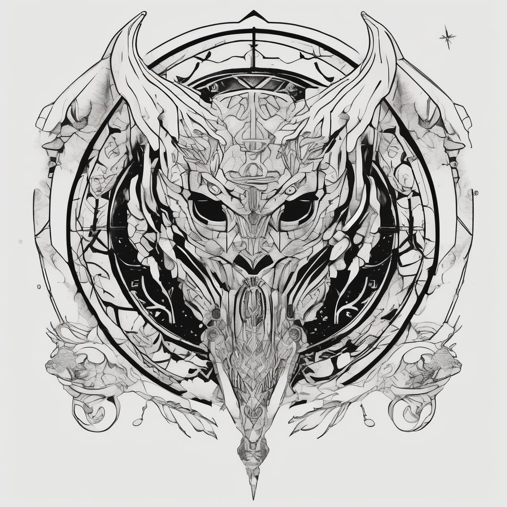 Make an image that contains elements from Star Wars, Game of Thrones, The Lord of the Rings, Demon Slayer, Pokemon, Harry Potter, design de tatouage Surréaliste généré par IA