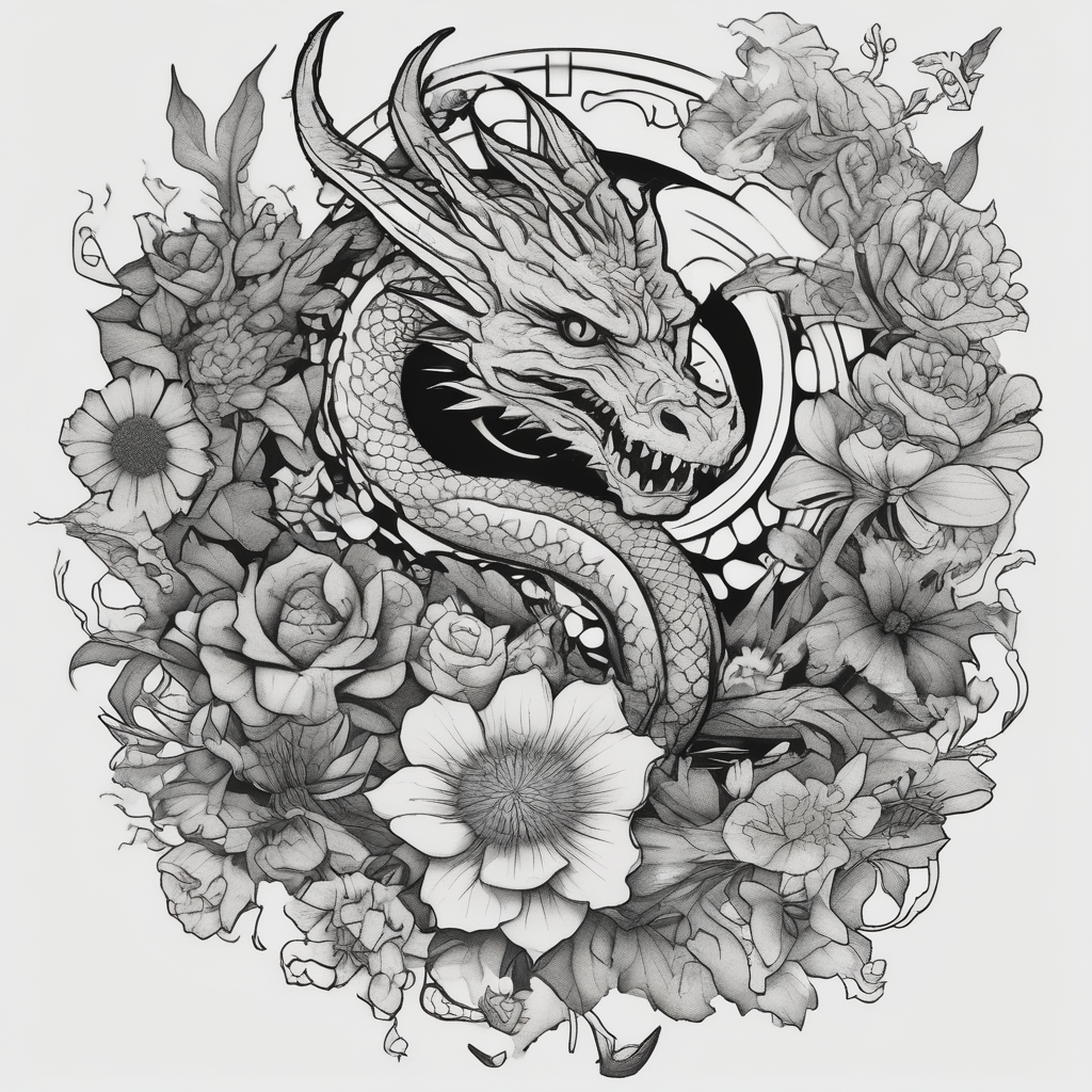 Make an image that MIXES elements from star wars, game of thrones, the lord of the rings, demon slayer, pokemon, harry potter, WITH FLOWERS, DRAGONS, diseño de tatuaje Blackwork generado con IA