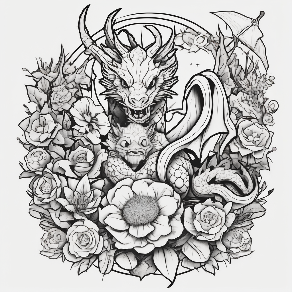 Make an image that MIXES elements from star wars, game of thrones, the lord of the rings, demon slayer, pokemon, harry potter, WITH FLOWERS, DRAGONS, diseño de tatuaje Cartoon generado con IA