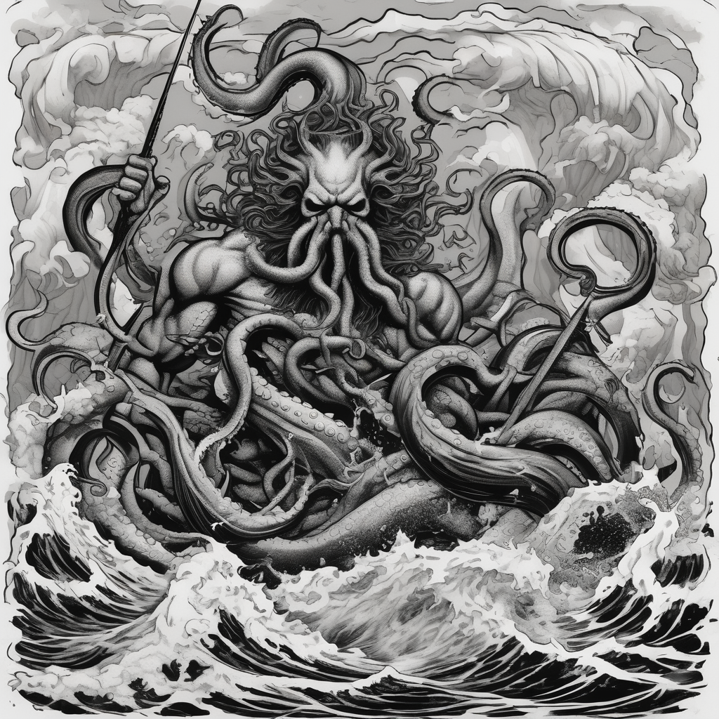 Kraken octopus tentacles grabbing Poseidon thrusting trident into monster deep ocean stormy, diseño de tatuaje Blackwork generado con IA
