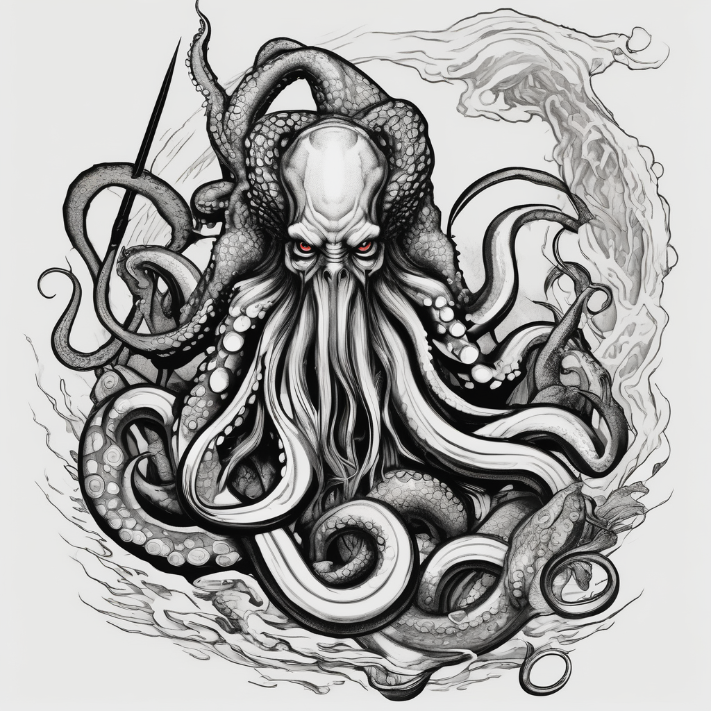 Octopus krake monster pulling Poseidon with his trident, diseño de tatuaje Boceto generado con IA