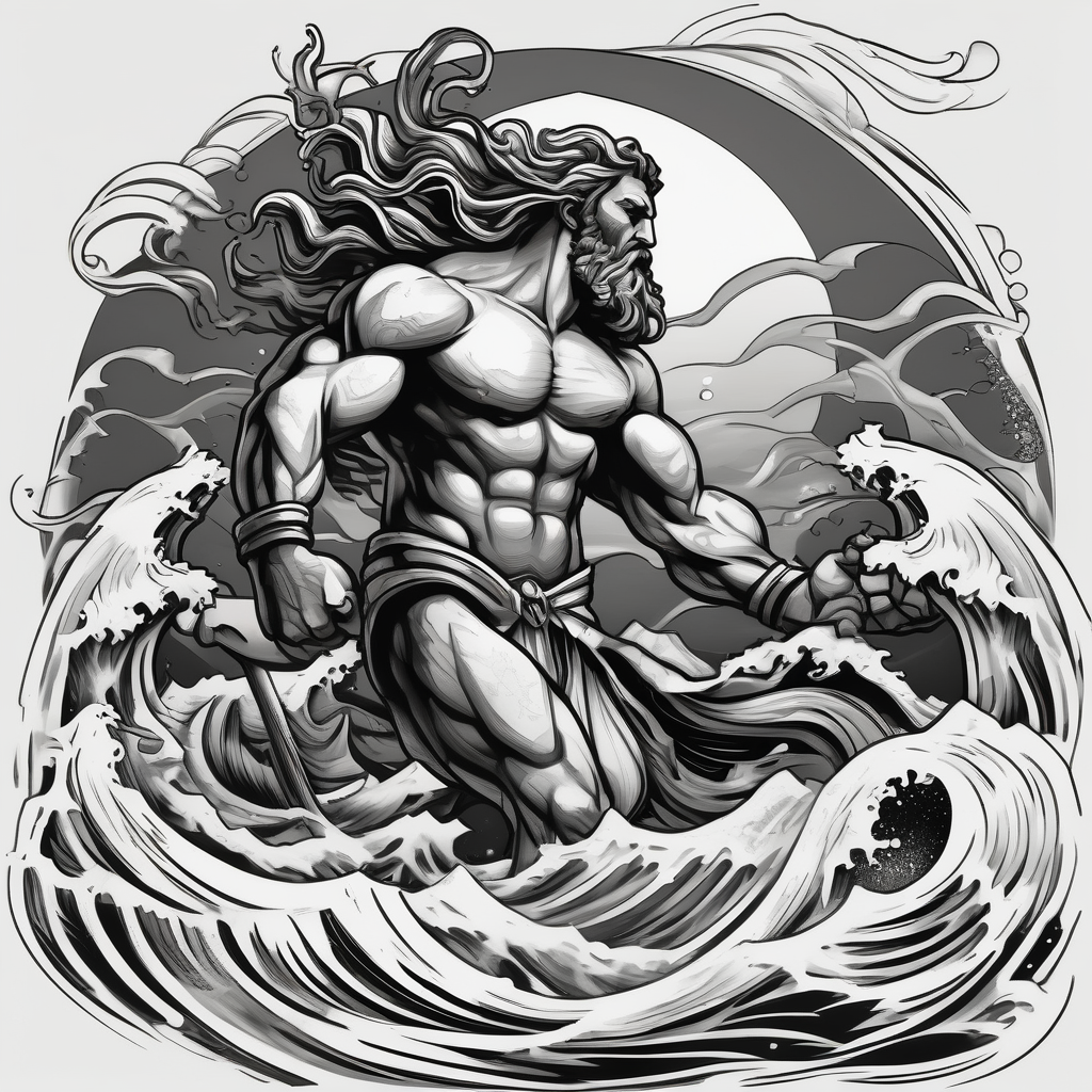 Poseidon with waves, diseño de tatuaje Blanco y negro generado con IA