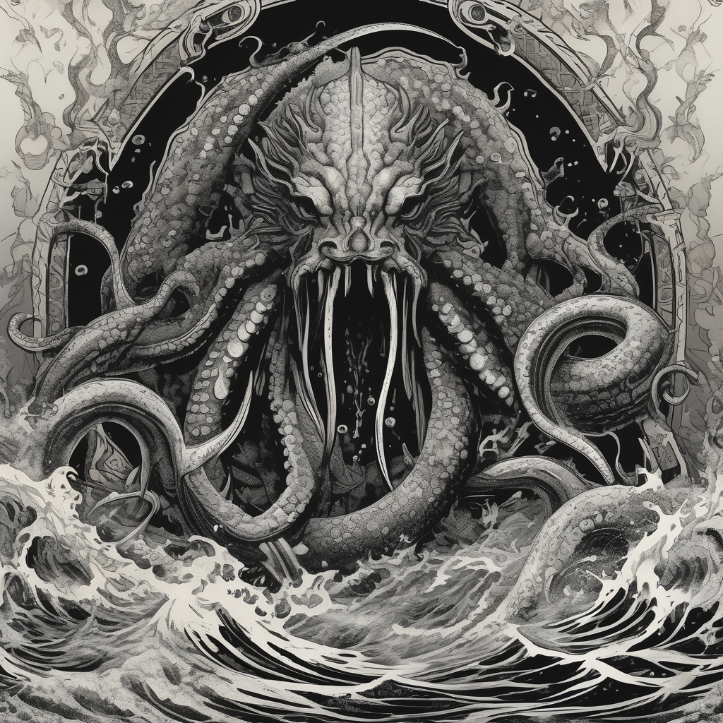 A kraken monster underwater ensnaring Poseidon as he thrust his trident into the beast. Turbulent storm with lightning & waves crashing, diseño de tatuaje Blackwork generado con IA