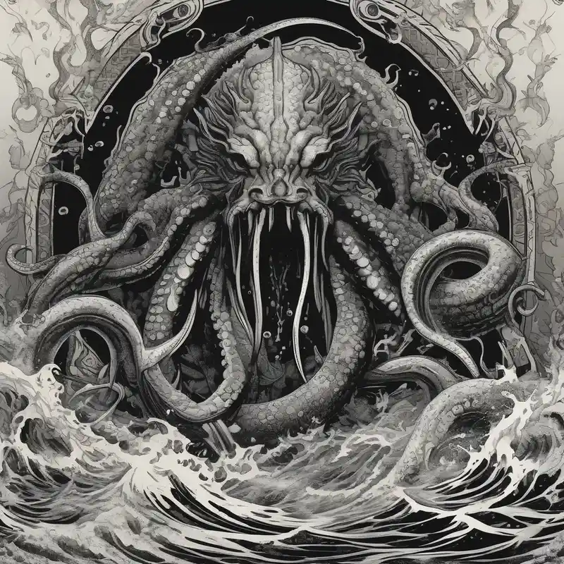 A kraken monster underwater ensnaring Poseidon as he thrust his trident into the beast. Turbulent storm with lightning & – Blackwork, Blanco y negro