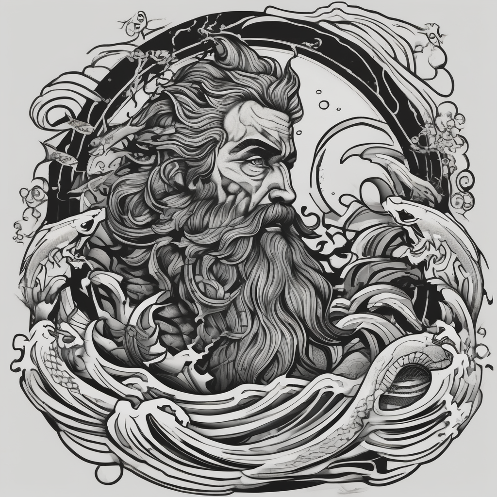 Poseidon with waves and fish, diseño de tatuaje Blackwork generado con IA