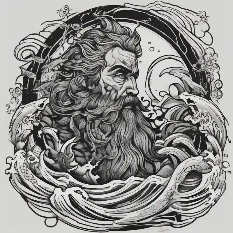 Poseidon with waves and fish – Blackwork, Blanco y negro