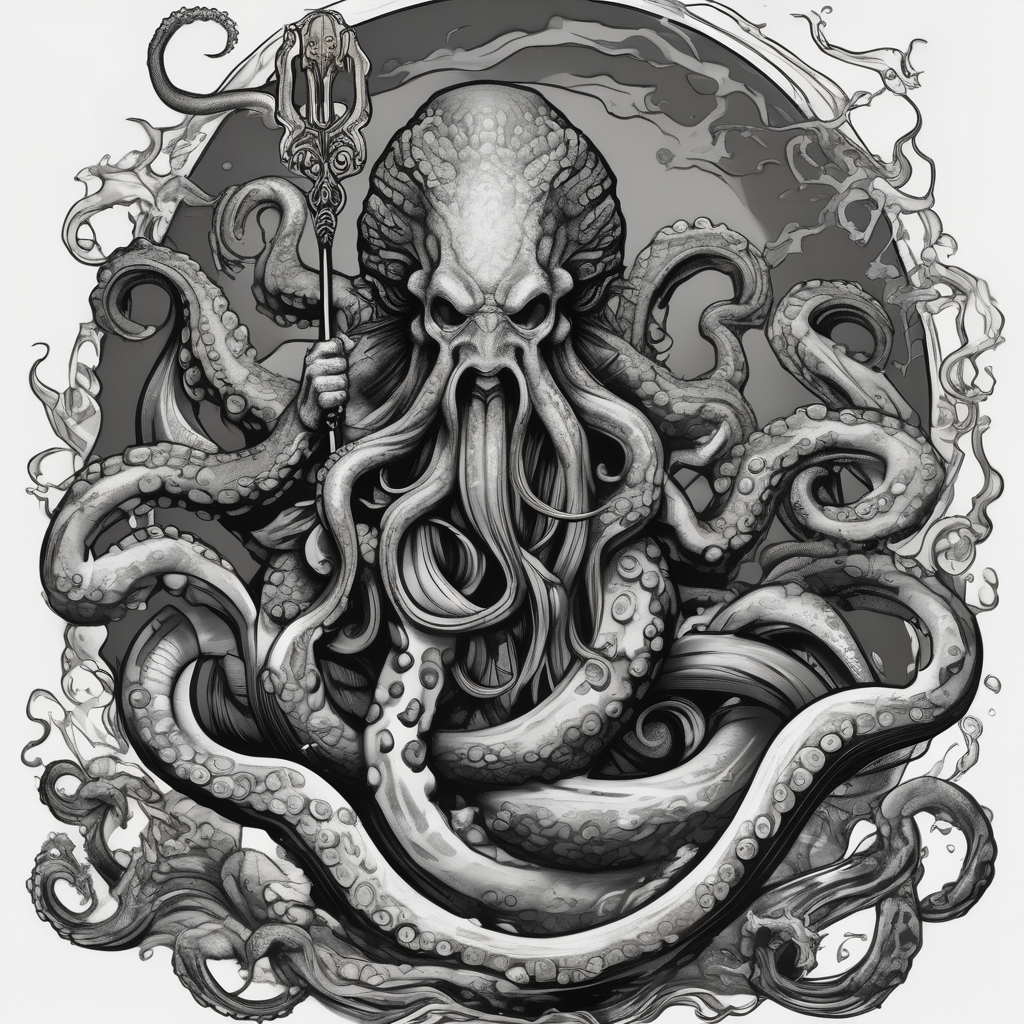 Octopus monster grabbing Poseidon with his trident, diseño de tatuaje Blanco y negro generado con IA