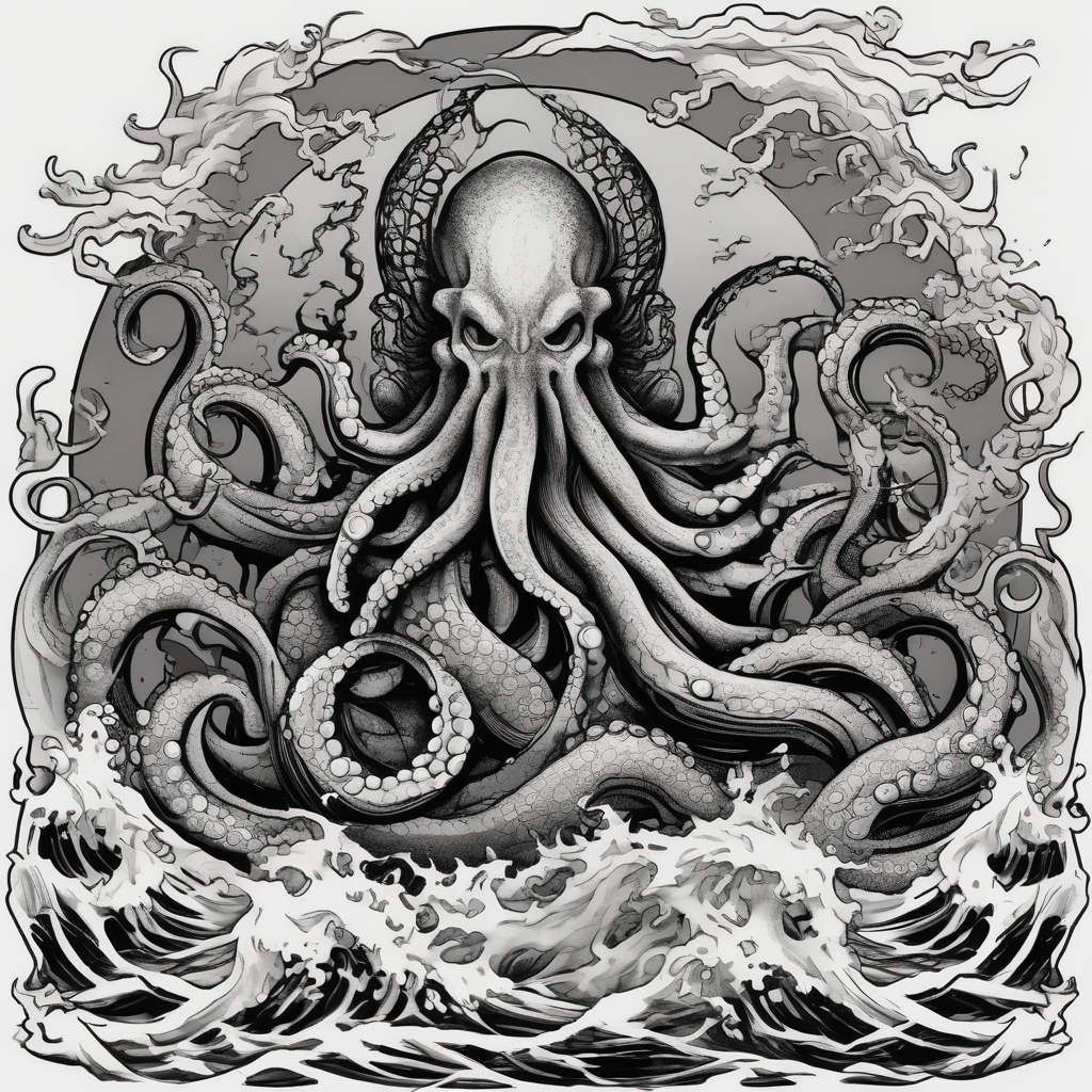 Kraken octopus tentacles grabbing Poseidon thrusting trident into monster deep ocean stormy, diseño de tatuaje Japonés generado con IA