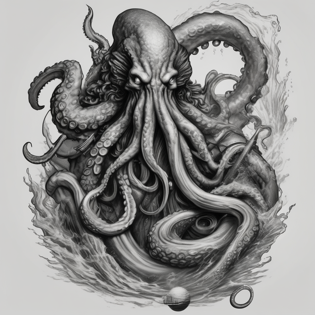 Octopus monster grabbing Poseidon with his trident, diseño de tatuaje Realista generado con IA