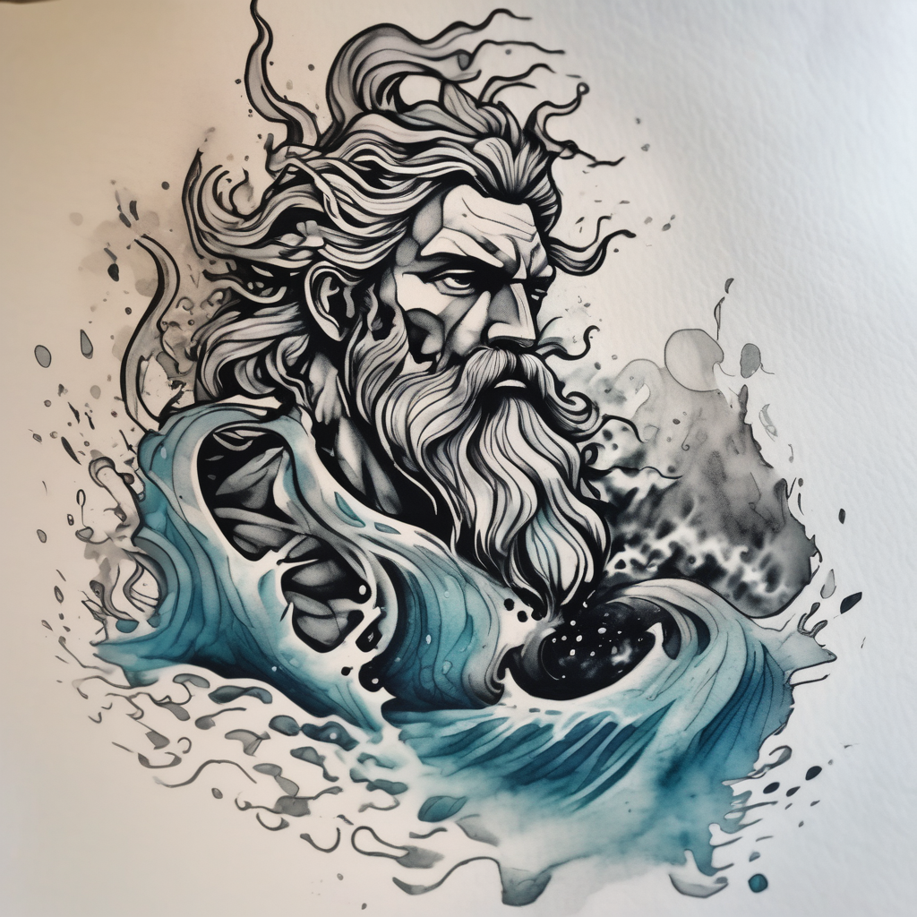 Poseidon with waves, diseño de tatuaje Acuarela generado con IA