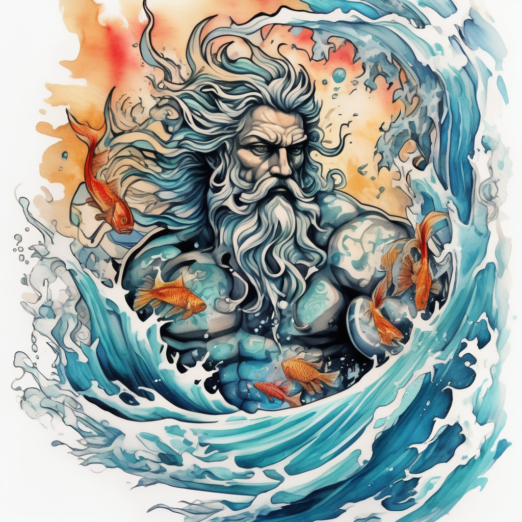 Poseidon with waves and fish, diseño de tatuaje Acuarela generado con IA