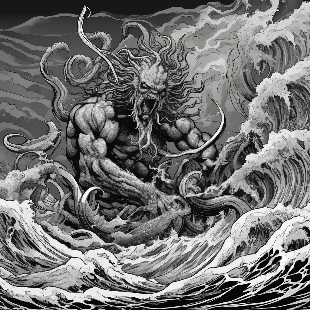 A kraken monster underwater ensnaring Poseidon as he thrust his trident into the beast. Turbulent storm with lightning & waves crashing, diseño de tatuaje Blanco y negro generado con IA