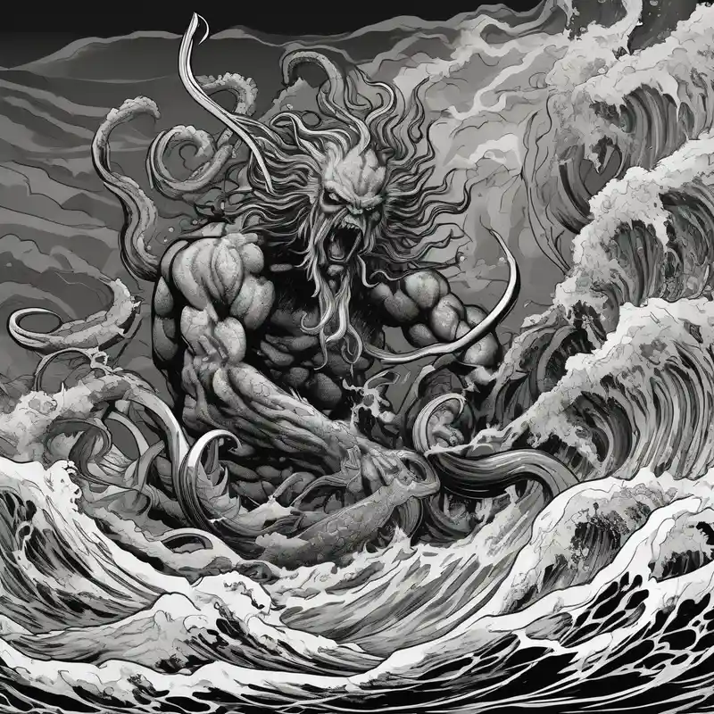 A kraken monster underwater ensnaring Poseidon as he thrust his trident into the beast. Turbulent storm with lightning &