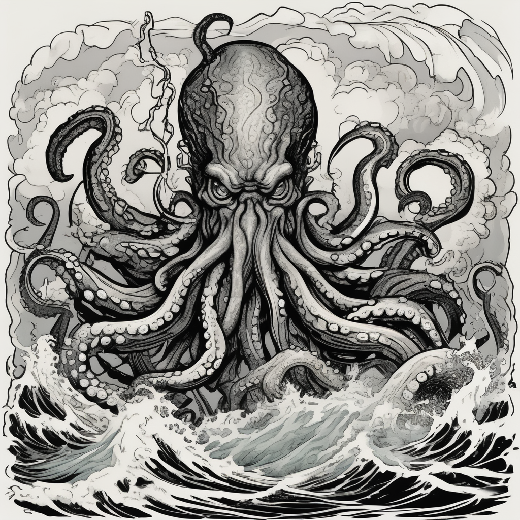 A kraken octopus monster underwater ensnaring Poseidon as he thrust his trident into the beast. Turbulent storm with lightning & waves crashing, diseño de tatuaje Old school generado con IA