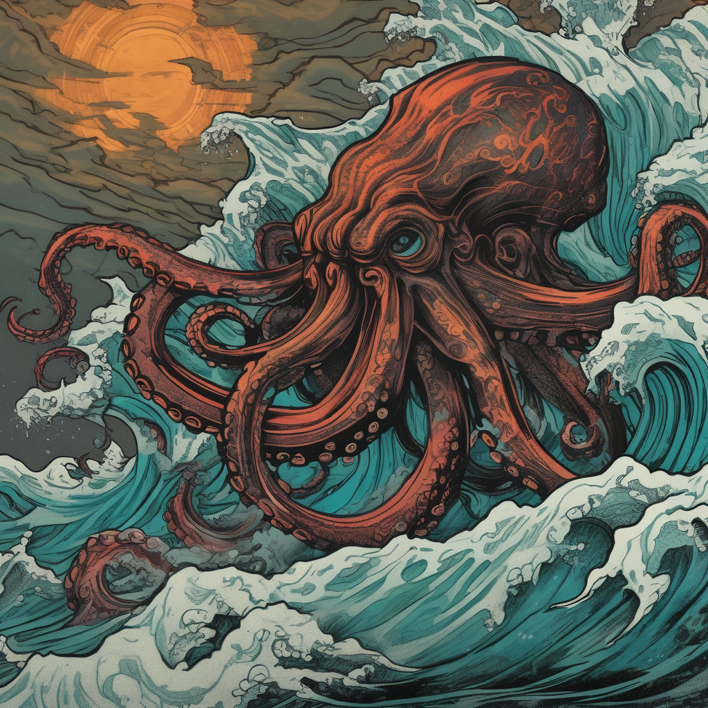 A kraken octopus monster underwater ensnaring Poseidon as he thrust his trident into the beast. Turbulent storm with lightning & waves crashing, diseño de tatuaje Blackwork generado con IA