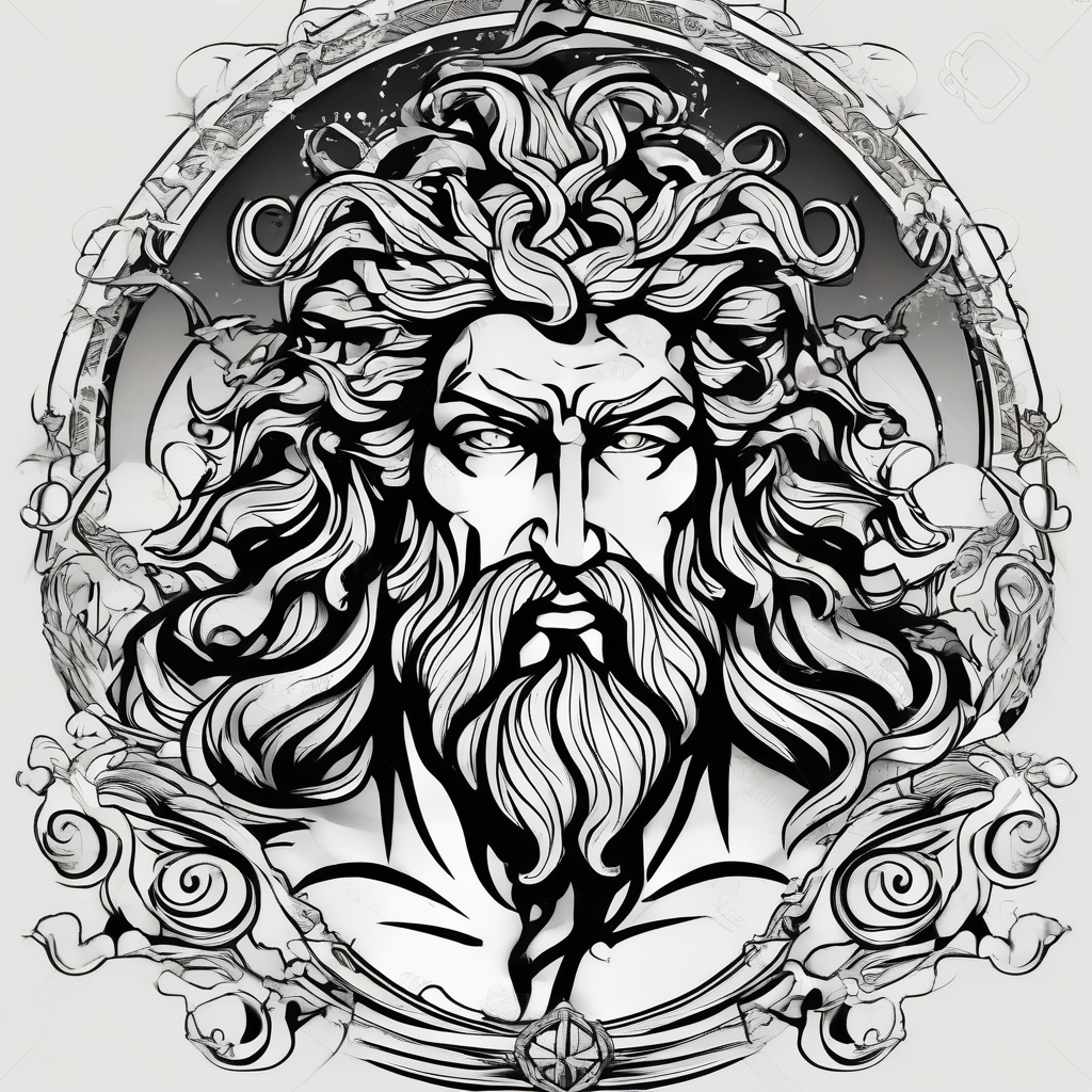 Poseidon, water, war, February, diseño de tatuaje Blanco y negro generado con IA