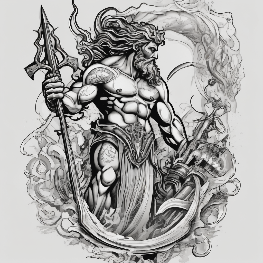 poseidon with mechanic trident and mechanic arm, diseño de tatuaje Boceto generado con IA
