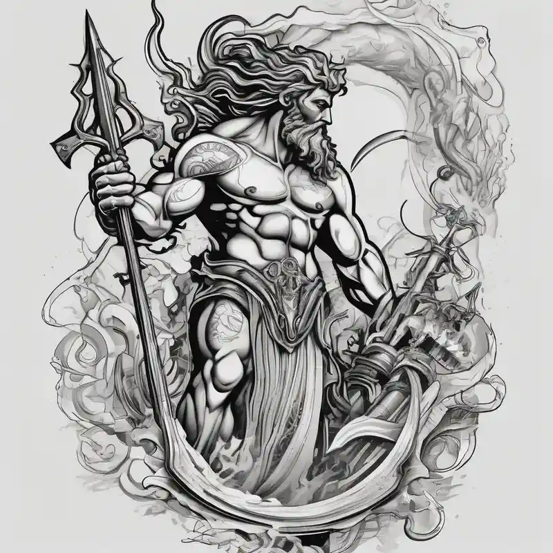 poseidon with mechanic trident and mechanic arm – Boceto, Blanco y negro